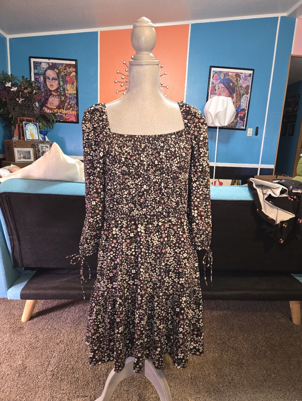 Women's Size 10 Floral Smock Dress at Knee Purplish Brown White Stretchy